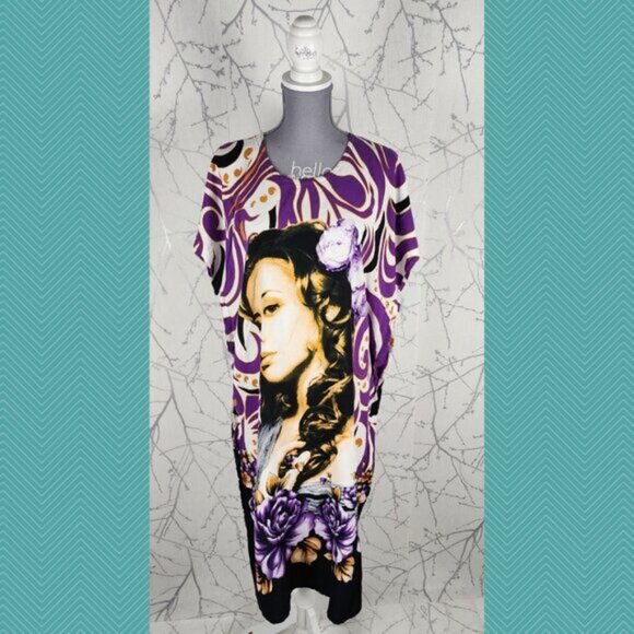 Batik Sumi Purple Artsy Swirl Print Kaftan Dress Beach Vacation - Picture 1 of 4